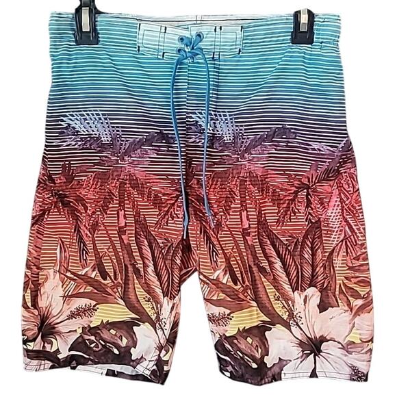 Distortion Boys Swim Trunks L Blue Orange Palm Floral Board Shorts Lined EUC - Picture 1 of 9